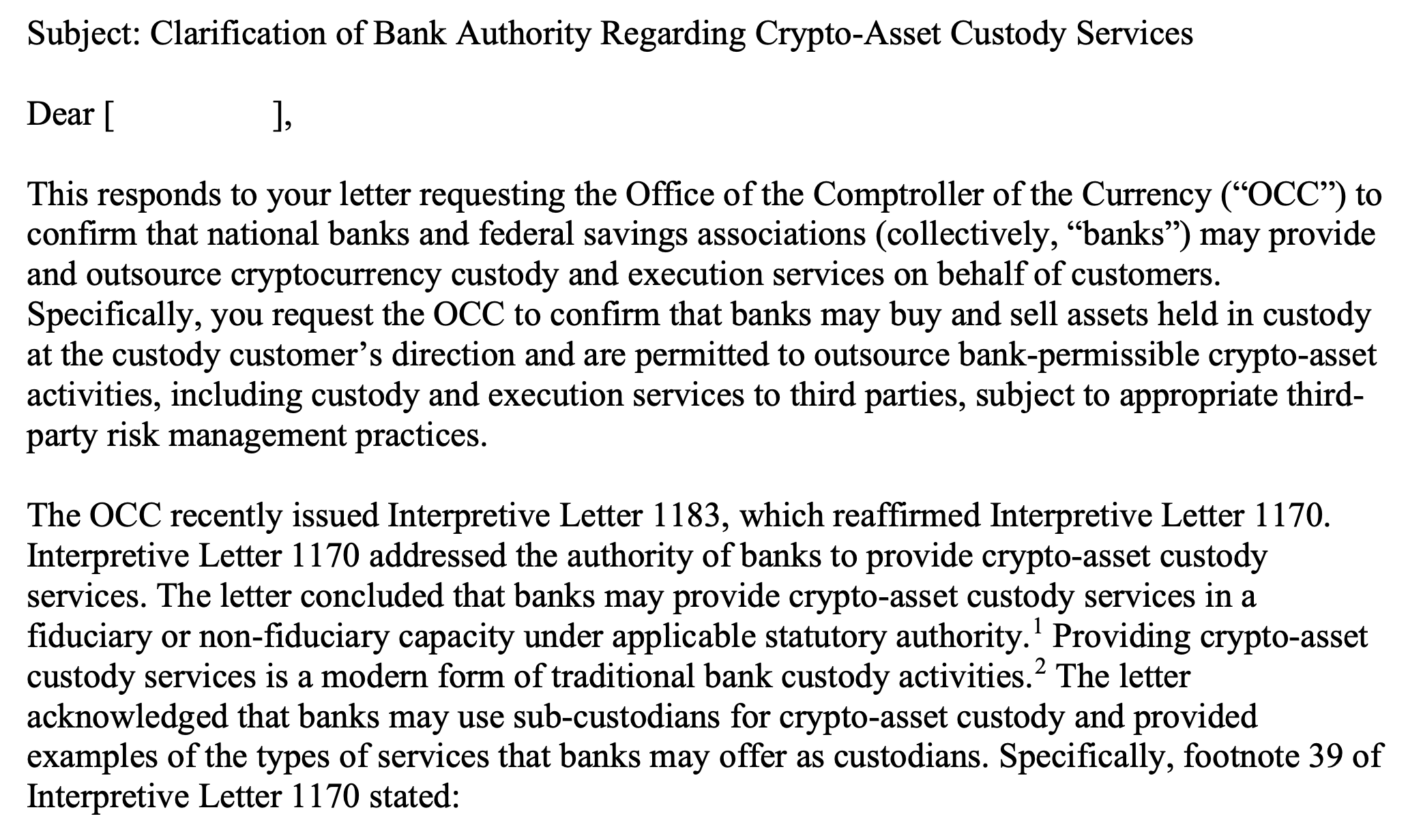 重磅》美國貨幣監理署：銀行可自由交易加密資產與託管，無需事先批准